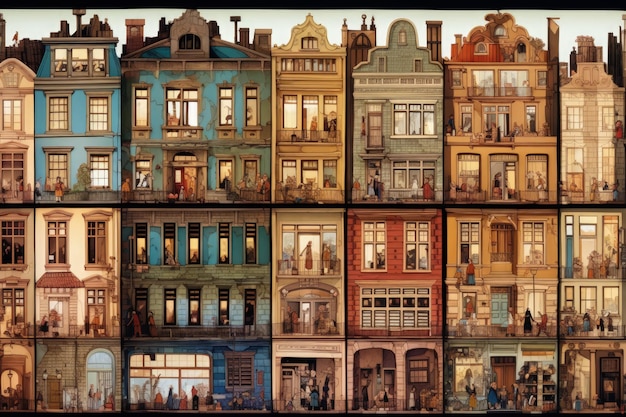 A photograph of multilevel city lots of windows colorful silhouettes of different people and pets