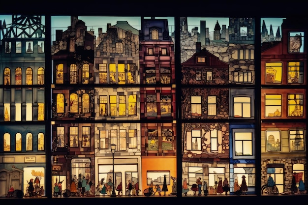 A photograph of multilevel city lots of windows colorful silhouettes of different people and pets