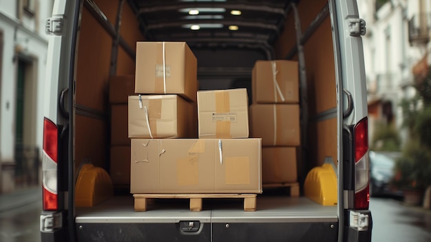 Photograph of packages stacked in the back of a delivery van