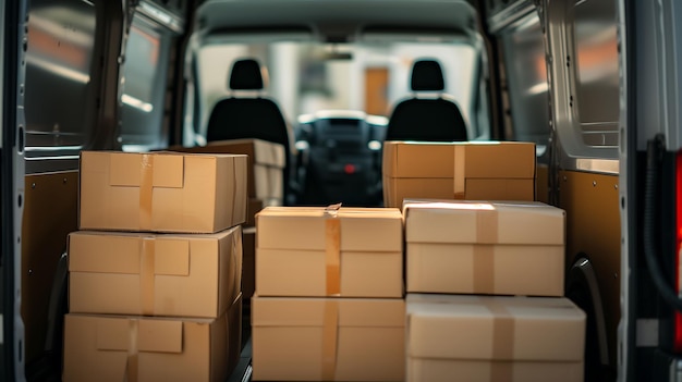 Photograph of packages stacked in the back of a delivery van