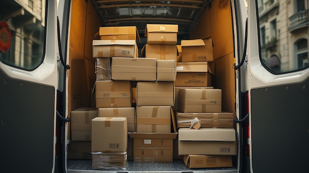 Photograph of packages stacked in the back of a delivery van