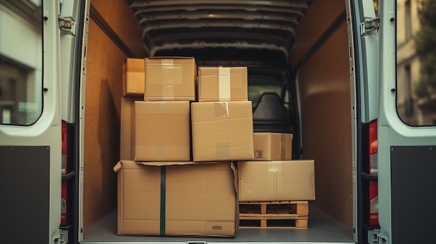 Photograph of packages stacked in the back of a delivery van