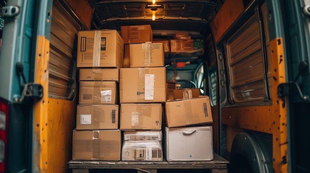 Photograph of packages stacked in the back of a delivery van