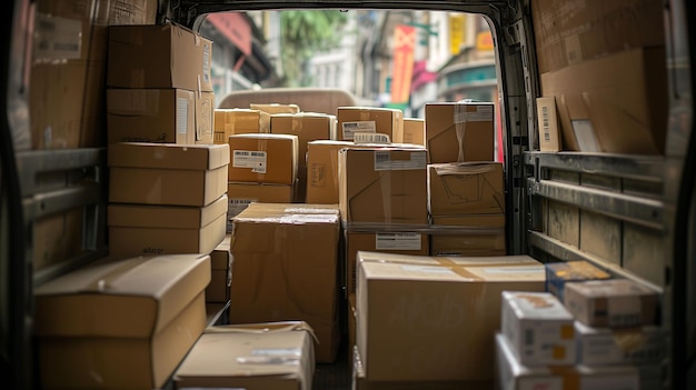 Photograph of packages stacked in the back of a delivery van