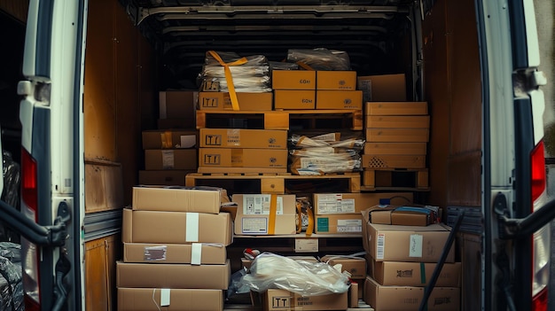 Photograph of packages stacked in the back of a delivery van