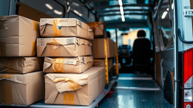 Photograph of packages stacked in the back of a delivery van