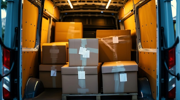 Photograph of packages stacked in the back of a delivery van