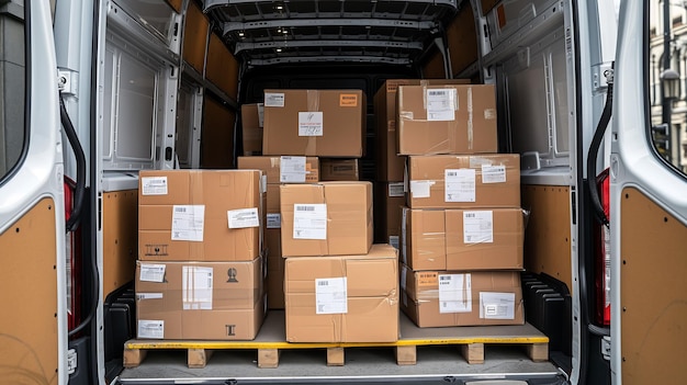 Photograph of packages stacked in the back of a delivery van