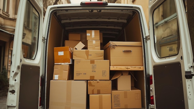 Photograph of packages stacked in the back of a delivery van