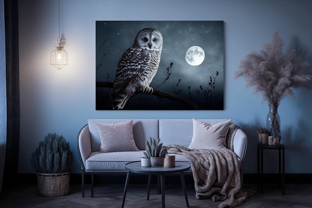 A photograph of a peaceful evening with a moon rising over the clouds and a Barred Owl