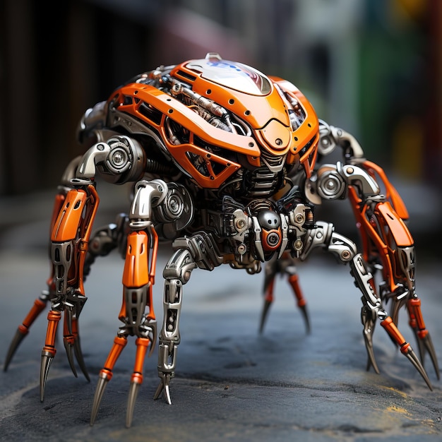 photograph of a pearlescent orange red spider mecha robot with metallic armor filigree