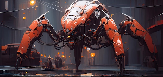 photograph of a pearlescent orange red spider mecha robot with metallic armor filigree