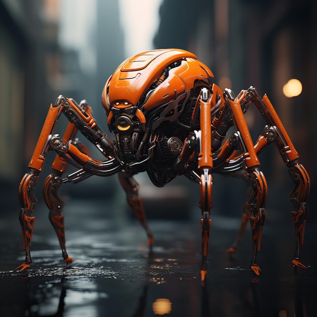 photograph of a pearlescent orange red spider mecha robot with metallic armor filigree