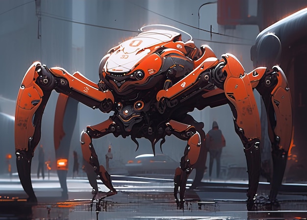 photograph of a pearlescent orange red spider mecha robot with metallic armor filigree