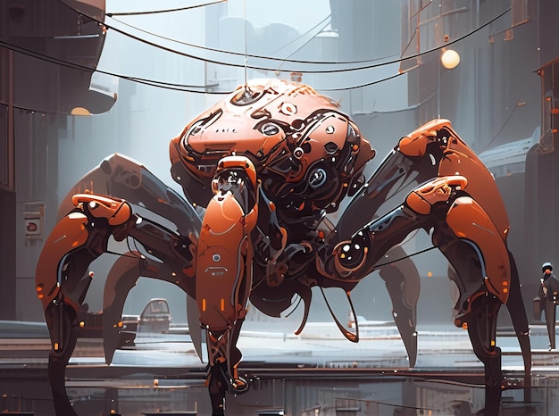 photograph of a pearlescent orange red spider mecha robot with metallic armor filigree