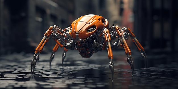 photograph of a pearlescent orange red spider mecha robot with metallic armor filigree