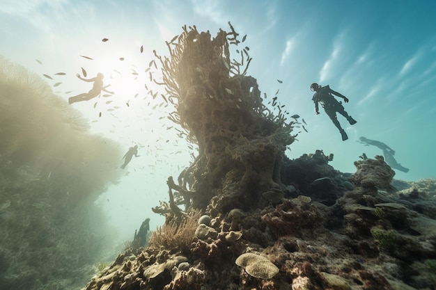 Photograph of people diving on preserved coral reefs