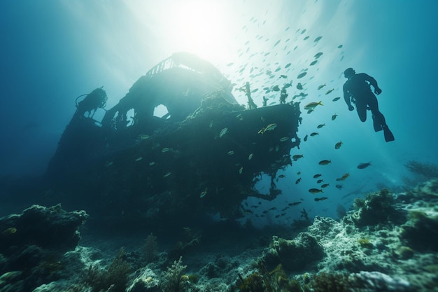 Photograph of people diving underwater historic wrecks