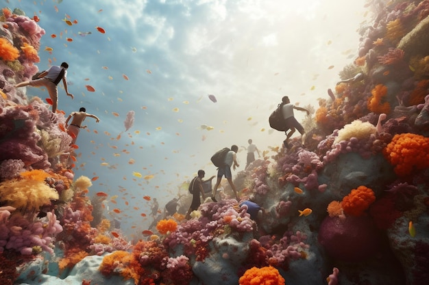 Photograph of people diving on vibrant coral reefs