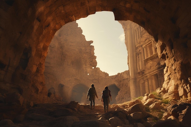 Photograph of people exploring ancient ruins