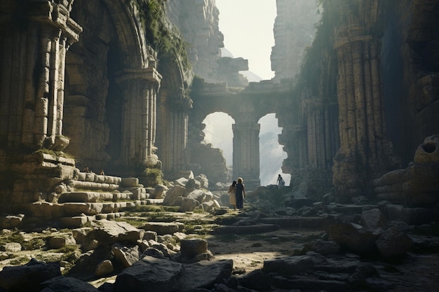 Photograph of people exploring ancient ruins