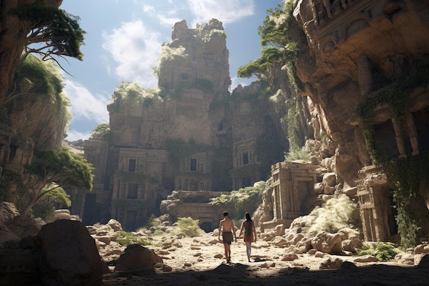 Photograph of people exploring ancient ruins