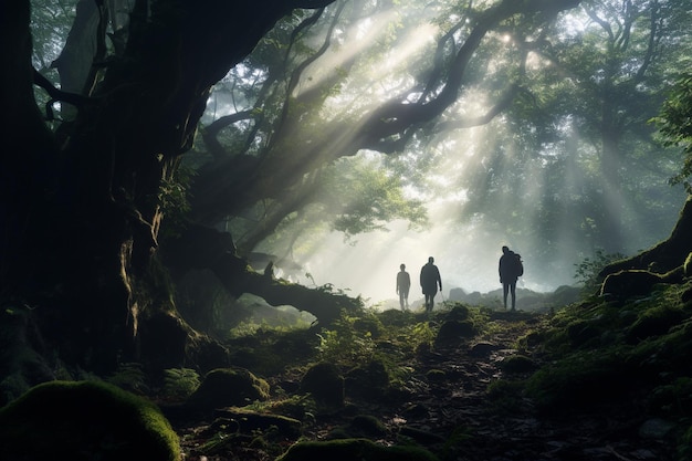 Photograph of people exploring enchanted forests in the morning mist