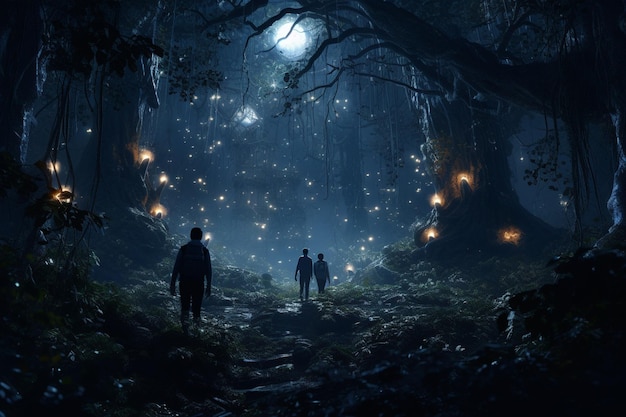 Photograph of people exploring enchanted forests at night