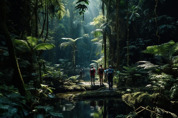 Photograph of people exploring tropical rainforests