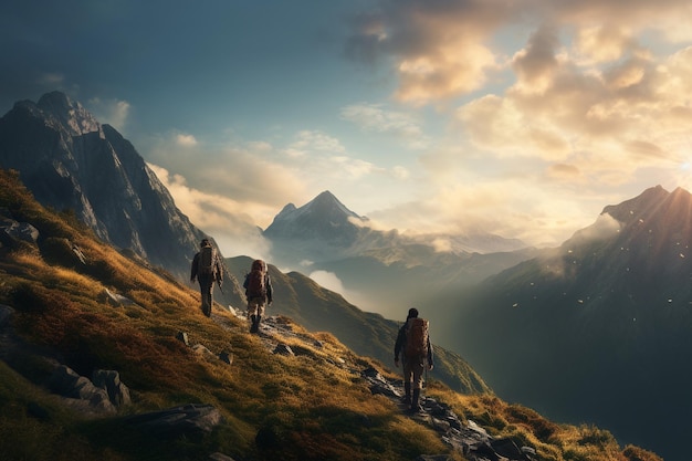 Photograph of people hiking in majestic mountains at dawn