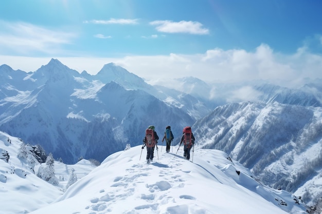 Photograph of people hiking in mountains with fresh snow