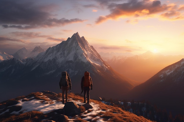 Photograph of people hiking in mountains with panoramic views at sunset