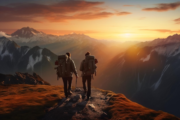 Photograph of people hiking in mountains with stunning views at sunrise