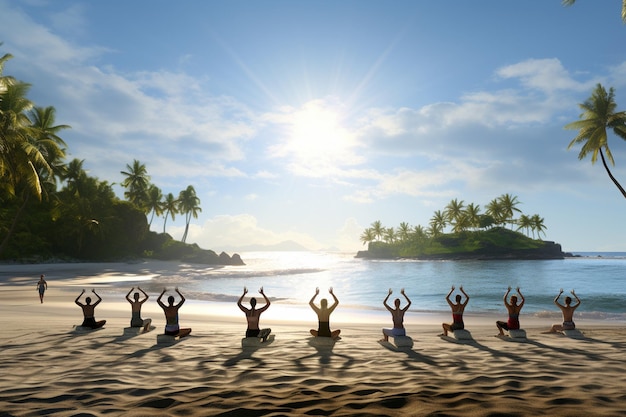 Photograph of people practicing yoga on tropical beaches