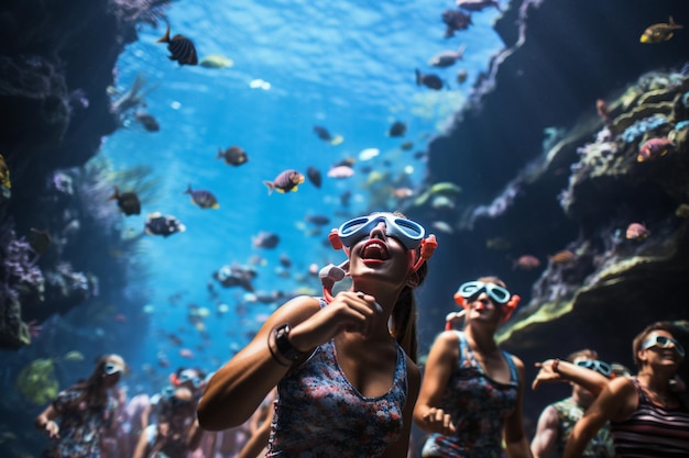 Photograph of people snorkeling in colorful coral reefs