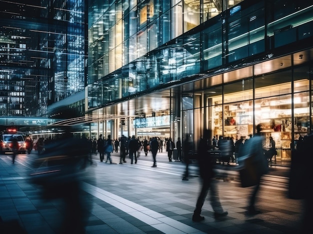 Photograph people walking in modern city at night blurred background