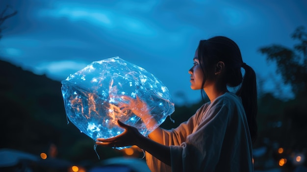 A photograph of a person releasing a sky lantern decorated