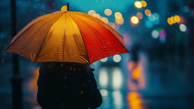 Photograph of person standing in the rain holding an umbrella