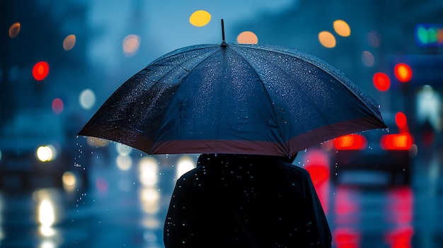 Photograph of person standing in the rain holding an umbrella