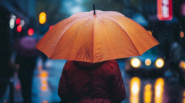 Photograph of person standing in the rain holding an umbrella