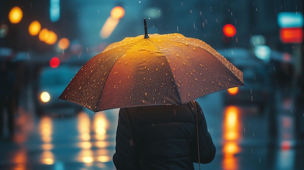 Photograph of person standing in the rain holding an umbrella