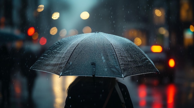 Photograph of person standing in the rain holding an umbrella