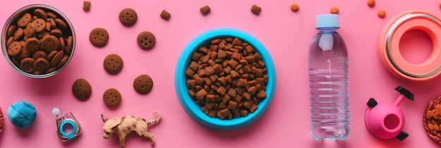 Photo photograph pet essentials neatly displayed on a pink background featuring a bowl of brown kibble