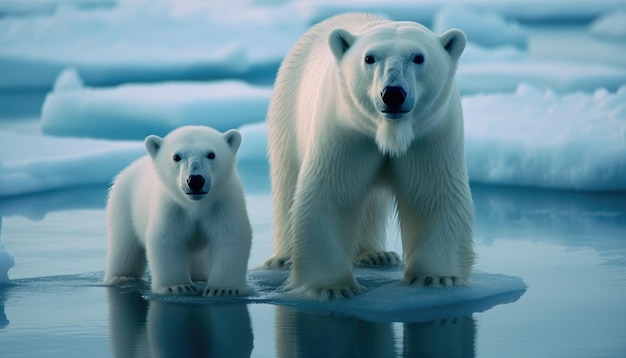 Photograph of a polar bear and its cub which was left in the middle of the glaciers as the ice