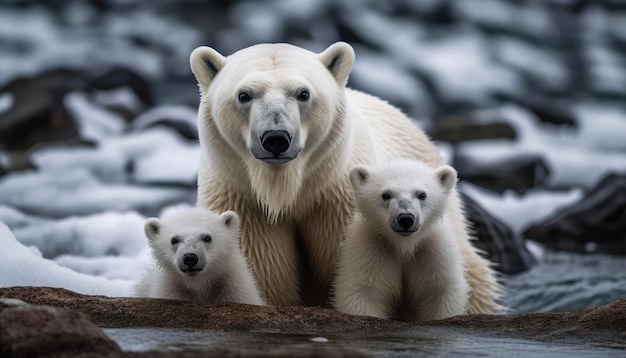 Photograph of a polar bear and its cub which was left in the middle of the glaciers as the ice