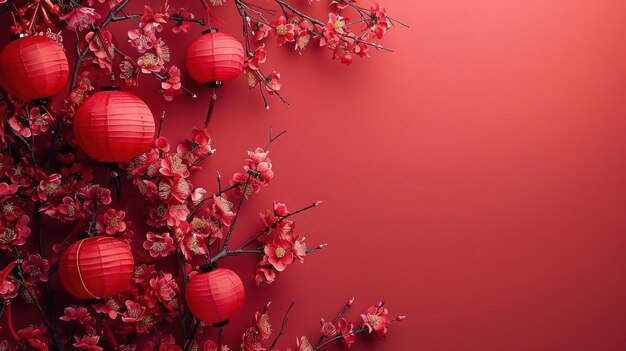 A photograph of red cherry blossoms with small red lanterns creating a vibrant and festive backdrop