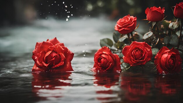 A photograph of a red roses with water