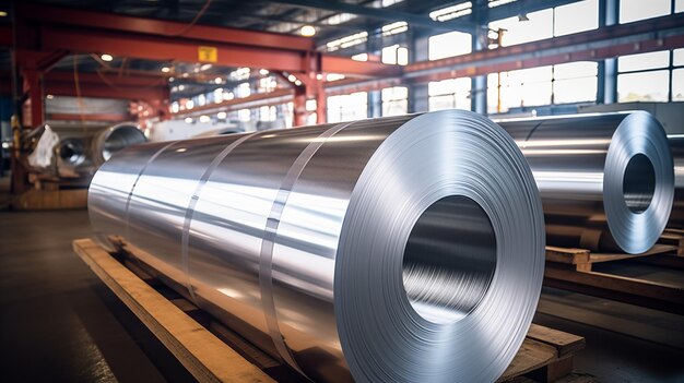 Photograph of sheet metal alluminum rolls in an industrial environment