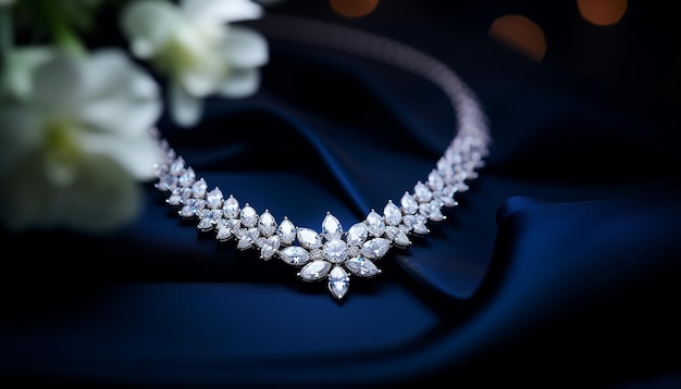 A photograph shot of a white neck wearing a luxury diamond necklace