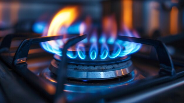 A photograph showcasing the contrast of blue and oringe flames emerging from a gas stove